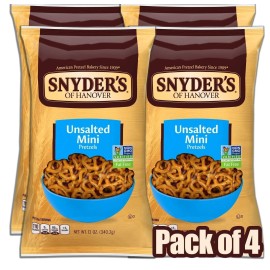 Snyder's of Hanover Mini Pretzels, Unsalted Pretzels, 12 Oz (Pack of 4)