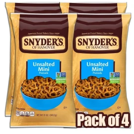 Snyder's of Hanover Mini Pretzels, Unsalted Pretzels, 12 Oz (Pack of 4)