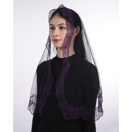 Bozidol Church Catholic Veils for Women, Black Purple Long D Shape Immaculate Heart of Mary Embroidered Lace Mantilla Chapel Veil, Lent Advent Prayer Head Coverings with Clips