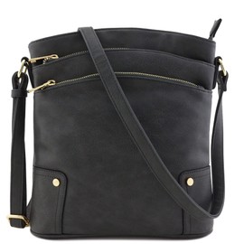 ALYSSA Triple Zip Pocket Large Crossbody Bag (Dark Gray)