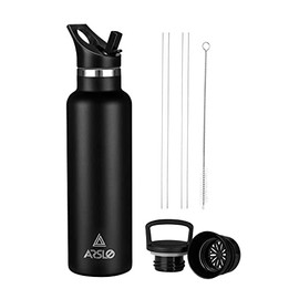 Arslo Stainless Steel Double Wall Water Bottle, Vacuum Insulated Bottle With Straw Lid, Insulated Water Bottle Keeps Water Cold for 24 Hours, Hiking, Sports, Outdoor, 32 oz, Black
