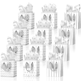 Tenare 12 Pcs Small Gift Bags Mini Metallic Paper Bag with Handle Tissue Happy Valentine‘s Day Easter Spring Party Favor(8 x 4.5 x 10.5 Inch,White Silver)