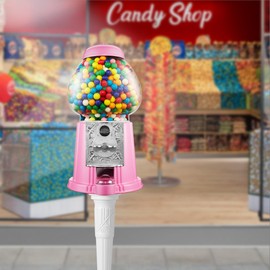 Olde Midway 15" Gumball Machine with Stand - Pink, Vintage-Style Bubble Gum Candy Dispenser with Glass Globe and Metal Base