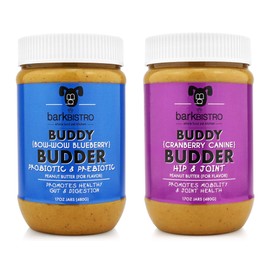 BUDDY BUDDER Bow-Wow Blueberry (probiotic + prebiotic) + Cranberry Canine (Hip + Joint), 100% Natural Dog Peanut Butter, Healthy Peanut Butter Supplements, Made in USA (17oz Jars)