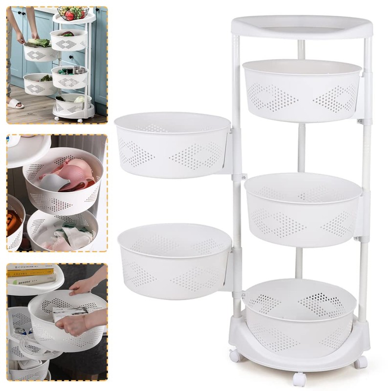 ATOLOMOTOR 5-Tier Rotating Fruit Vegetable Rack with Wheels, Kitchen Carts