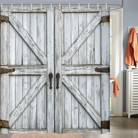 Wooden Barn Door Shower Curtain, Rustic Wooden Garage Door Shower Curtain Vintage Wood Farmhouse Shower Curtain, Country Barn Door Shower Curtain with Hooks, 72X75 Inch, White