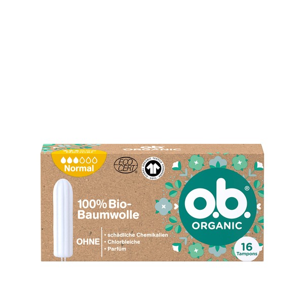 o.b. Organic Normal Tampon 100% Organic Cotton for Medium to Stronger Days for Natural Protection Pack of 16