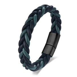 BIYONGDE Handmade Braided Black and Green Leather Bracelet for Men with Black Stainless Steel Clasp, Classic Urban Stylish