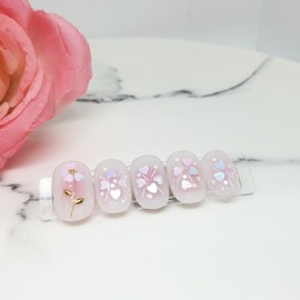 Flower Cheek Handmade Nail Tips - Long Round Square / 꽃치크 수제네일팁 - 롱라운드스퀘어