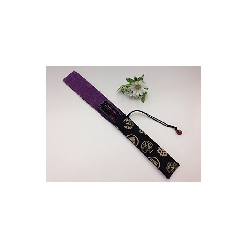 Hand Fan in Black X Beige Crest Pattern Chopsticks Bag
