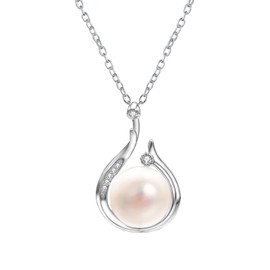 Aleasha Freshwater Pearl Pendant Necklace 925 Sterling Silver Pearl Necklace Women's Natural Pearls Zirconia Jewellery Gift 45 cm, Sterling Silver, Pearl
