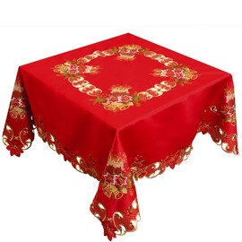 Grelucgo Embroidered Christmas Holiday Red Tablecloth (Square 54 Inches)