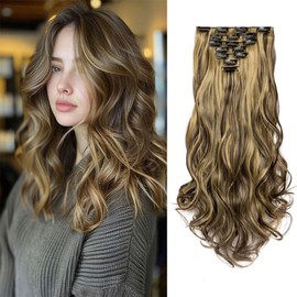 Swy Hair Clip in Hair Extensions Body Wave 7Pcs Straight Hair Synthetic Hair Extensions (W-Brown Mix Blonde, Wavy)