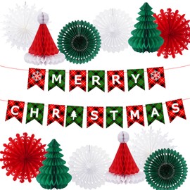 FOGAWA Christmas Ceiling Decorations Retro Reusable Paper Christmas Decorations Hanging Christmas Decorations Merry Christmas Banner Paper Snowflakes Honeycomb Decorations for Xmas Party Decor