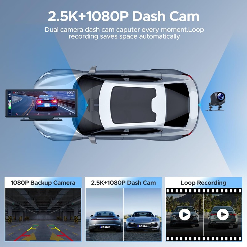 Topexplore 9.26'' Carplay Screen for Car with 2.5K Dash Cam