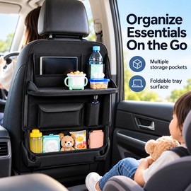 Car Seat Back Organizer for Rear Passenger Storage – Multi-Pocket Hanging Storage Bag with Foldable Tray, Cup Holders & Tissue Pockets for Travel