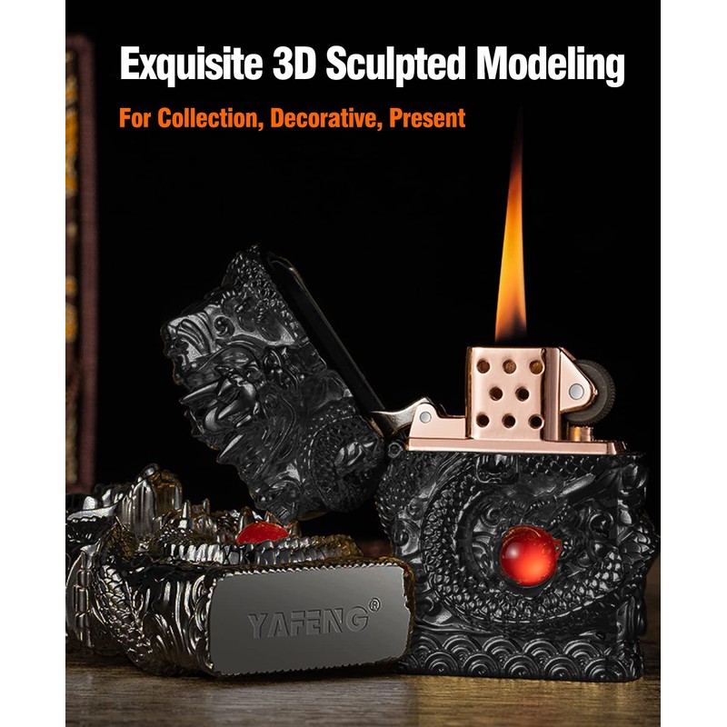 Cool Lighters, Windproof Carving Dragon Antique Lighter, Reusable Kerosene Grinding