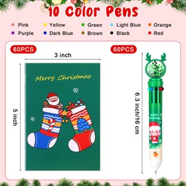 Tenceur 60 Pcs 10 in 1 Christmas Ballpoint Pen and 60 Pcs Christmas Mini Notebook Set 10 Color Christmas Ballpoint Pen Mini Christmas Note Pads Bulk for Xmas Party Christmas Party Gift Office Supplies