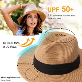 KUMSODE Women's Panama Hat Wide Brim Straw Summer Fedora Straw Hat Panama Roll Up Hat Beach Rollable UV Sun Hat UPF 50+, beige