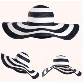 QUUPY Women's Lady Grils White + Black Striped Foldable Beach Fashion Sun Hat Black and White Striped Straw Hat Floppy Hat Beach Hat Foldable Wide Brim Cap White, White