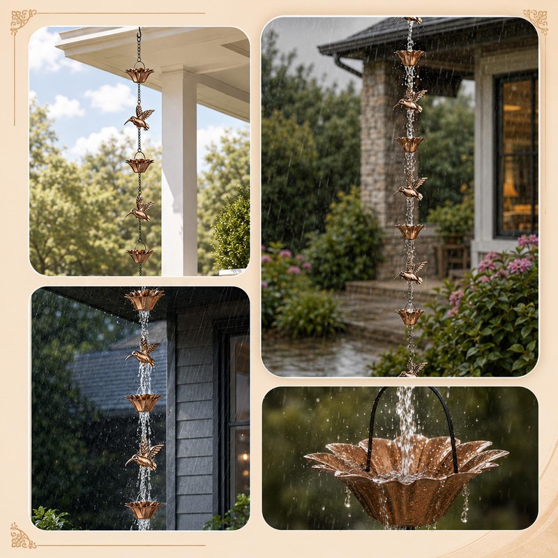 Humming Bird Rain Chain for Gutters, 8.5ft Hummingbird & Lotus