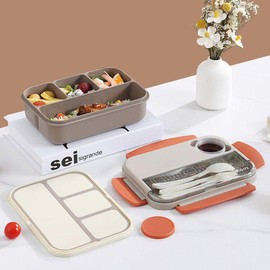 JiaoZoum Bento Box Lunch Box, 4 Compartments Containers for Kids Men Women, Reusable Food Storage with Utensils for Work, School, Camping and Travel (Brown)