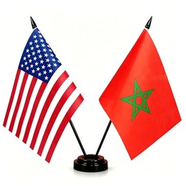 America & Morocco Friendship Twin Desk Flag, US Morocco Table Flags, 8 x 5 Inches American & Moroccan Deluxe Desk Flag Set - Miniature USA & Morocco Stick Flag with Flag Stand