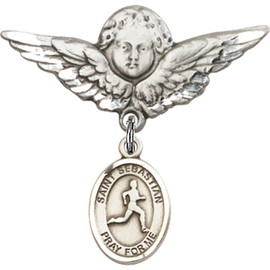 Sterling Silver Baby Badge with St. Sebastian/Track & Field Charm and Angel with Wings Badge Pin