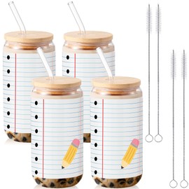 Baderke 4 Set Back to School Gifts Cups for Teacher 16 oz Drinking Tumbler Glass with Lids and Straws First Day of School Coffee Cups Bulk Thank You Gifts for Women (Notebook Line and Pencil)