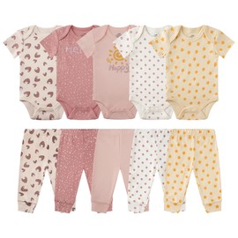 MEYSAHO Baby Newborn Layette 10-Piece Set Cotton Bodysuits Short Sleeve Pants Sets Strawberry Flower Printed for Baby Boys Girls Toddler Unisex Baby Gift Sets for 6 9 Months