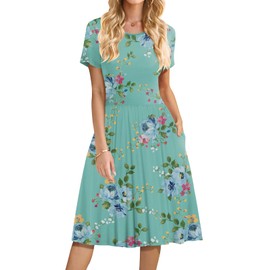 DB MOON Women Summer Casual Short Sleeve Dresses Empire Waist Dress with Pockets (Green Floral, 2XL)