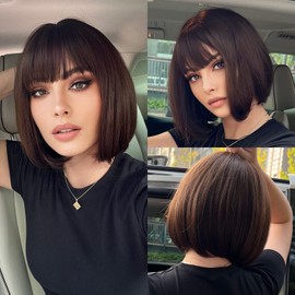HAIRCUBE Straight Short Charming Bob with Bangs Wigs for Women Natural Heat Resistant Synthetic Fibre Party/Cosplay/Costume/Daily Wig (Brown/Black Tea)