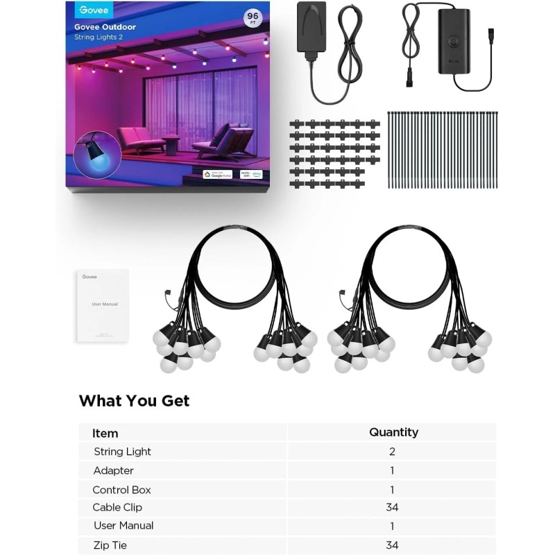 Govee Smart Outdoor String Lights 2, 96Ft RGBIC Dimmable alexa,