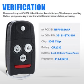 Keymall Car Key Fob Keyless Entry Remote Replacement for Acura MDX/RDX 2007 2008 2009 2010 2011 2012 2013 FCC ID:N5F0602A1A P/N:35111-STX-316 4 Buttons…