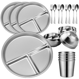 Potchen 20 Pcs 304 Stainless Steel Plates and Bowls Sets with Cups, Spoons, Forks, Compartment Trays Unbreakable Divided Plates Reusable Tableware for Home, Camping, Travel, Restaurant(3 Compartment)