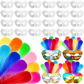 Leyndo 24 Pack Paper Mache Art Masks with 500 Feathers, Half Face White Craft DIY Blank Mardi Gras Cosplay Party Masquerade Mask