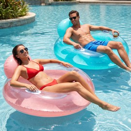 FindUWill Inflatable Pool Floats Chairs for Adults,2 Pack Pool Lounge Float Chairs with Cup Holder and Backrest, Blow up Floaties Pool Toys with Mesh Bottom for Swimming Party （Pink & Green）