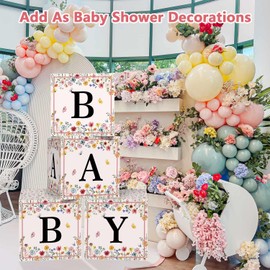 Heboland Wildflower Baby Shower Decorations - 4 Pcs in Bloom Thickened Cardstock Blocks With Letters, Banner, Clear Stickers for Girls Party Decor