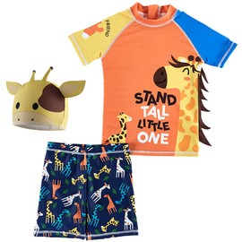 JELEUON Kids Baby Boys Two Piece Cartoon Giraffe Print Short Sleeve Swimsuits UV Rash Guard Swimwear Bathing Suits with Caps S Orange