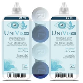 Univis Bio Soluzione Unica per Lenti a Contatto. Con Acido ialuronico ed Aloe vera - Pocket Pack 2x60 ml + 2 Portalenti inclusi (compatibile con cassetta della posta)