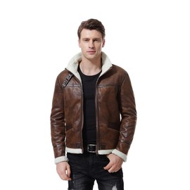 AOWOFS Men's Fleece Collar Faux Leather Jacket, Fleece Lined Biker Jacket for Winter in Brown - l