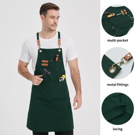 FunChaos Canvas Aprons, Chef Aprons, Work Aprons for Men Women, Adjustable Strap Aprons with 3 Pockets, Apron for Servers Kitchen Cooking Baking Artist Painting, Cross Back (Green)