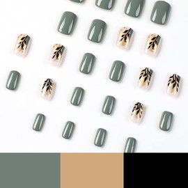 24Pcs Press on Nails Medium Short Square French Tip with Green Gold Leaf Design Acrylic Nails Fake Nails Thick Glossy Full Cover Glue on Nails Stick on Nails for Women JP1681