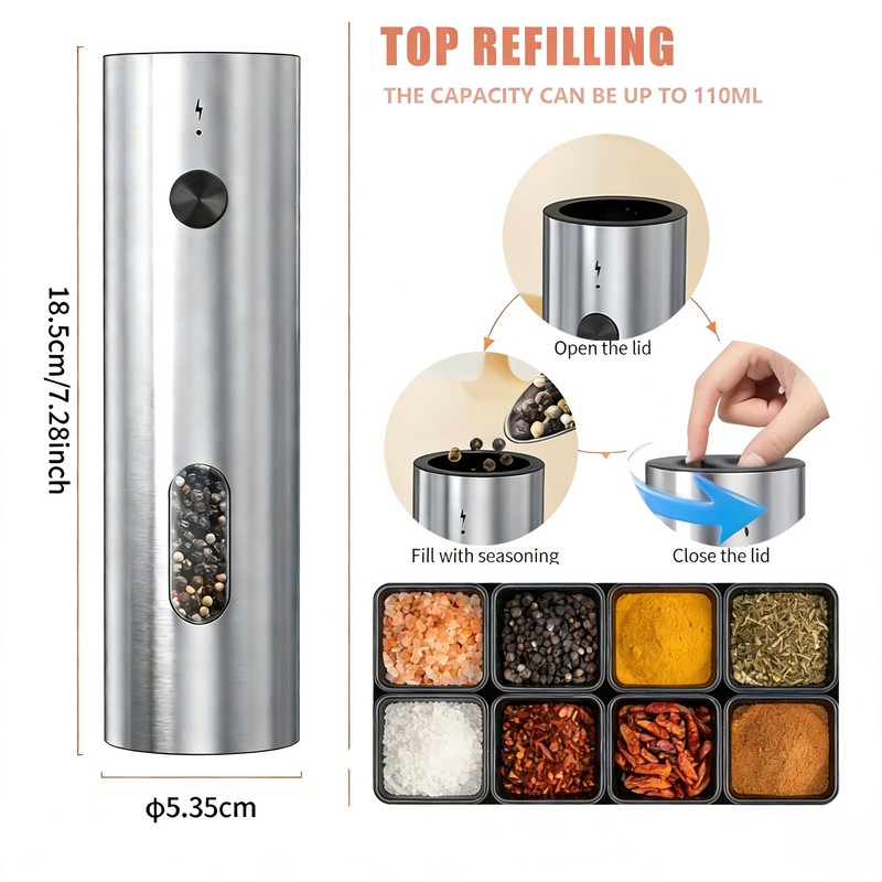 Electric Salt and Pepper Grinder Set, Rechargeable Stainless Steel with