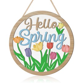HOURIA 3D Bright Hello Spring Front Door Decor,11.4”Inches Colorful Tulip Flower Wood Hanging Sign for Wreath,Rustic Farmhouse Spring Floral Welcome Decorations For Indoor Outdoor Home Porch Office