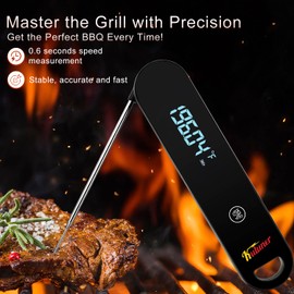 KULUNER Leading Speed Instant Read Thermometer (less than 0.6 seconds), equipped with a high-definition display, IP67 waterproof meat thermometer, perfect for grilling, cooking, and outdoor BBQ(Black)