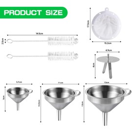 Gucass 7-Piece Stainless Steel Funnel Set, Small Funnel Kitchen with Handle, Jam Funnel with Strainer Filter, Filling Funnel for Transferring Spices Liquids Powder Jam, 5.7/11/13 cm