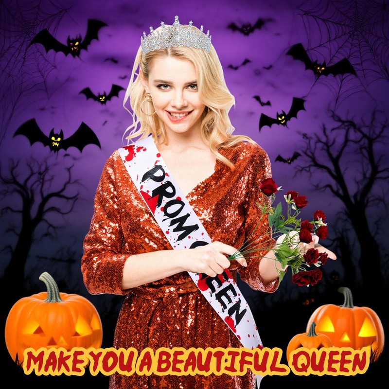 3 Pcs Halloween Prom Queen Crowns and Sashes Set Bloody