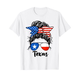 Texas State Flag Sunglasses Mom Messy Bun Hair Girl T-Shirt