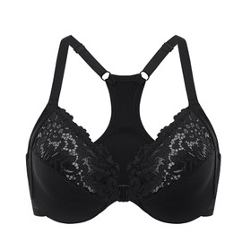 Delimira Women's Racerback Front Fastening Bras Plus Size Full Coverage Lace Underwire Unlined Support Bras Black 38C
